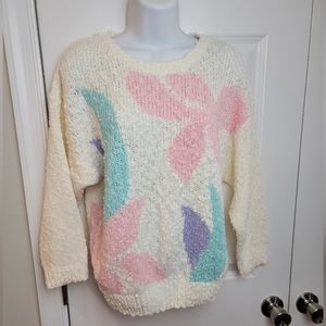 VINTAGE Here's A Hug Acrylic Sweater‎ Cream Pastel Flowers Large